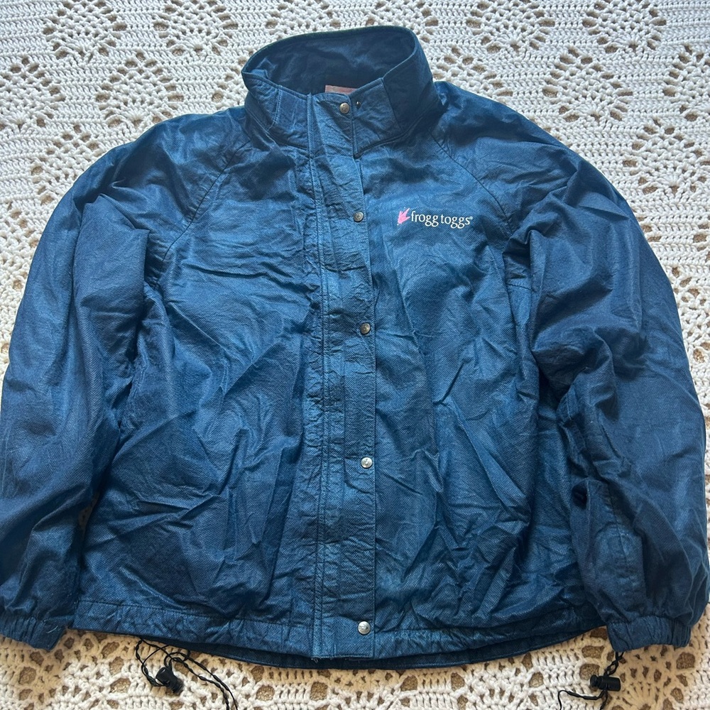 FROGG TOGGS Rain Jacket Army Blue No Snap Off Hood Full Zip Snap Closure Sz L/XL